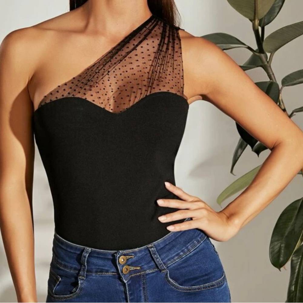 One shoulder black tulle top
